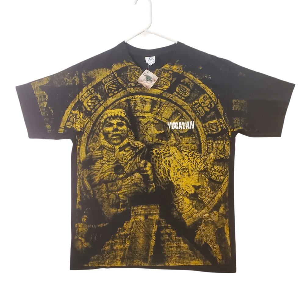 Yazbek Yucatan Aztec Calendar Jaguar Graphic T-Shirt Mens Large Black Yellow NEW